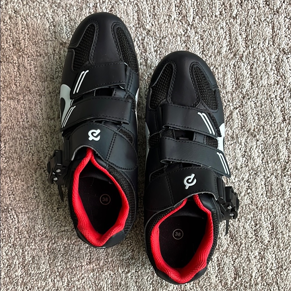 Ladies Peloton Black and Red Shoes with Velcro Straps